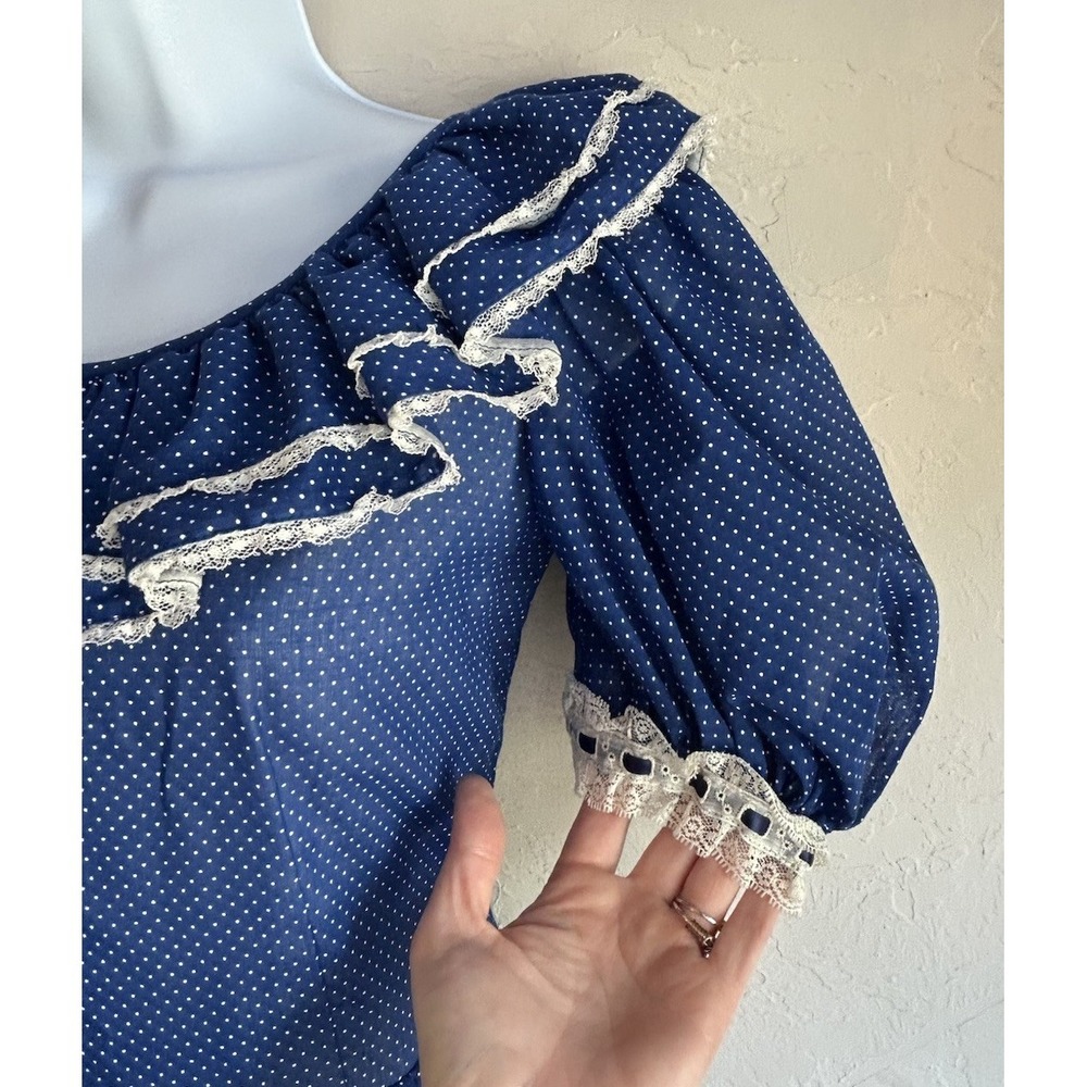 Vintage 1970s Handmade Prairie Dress S M Blue Polka Dot Lace Cottagecore Boho - Picture 6 of 9